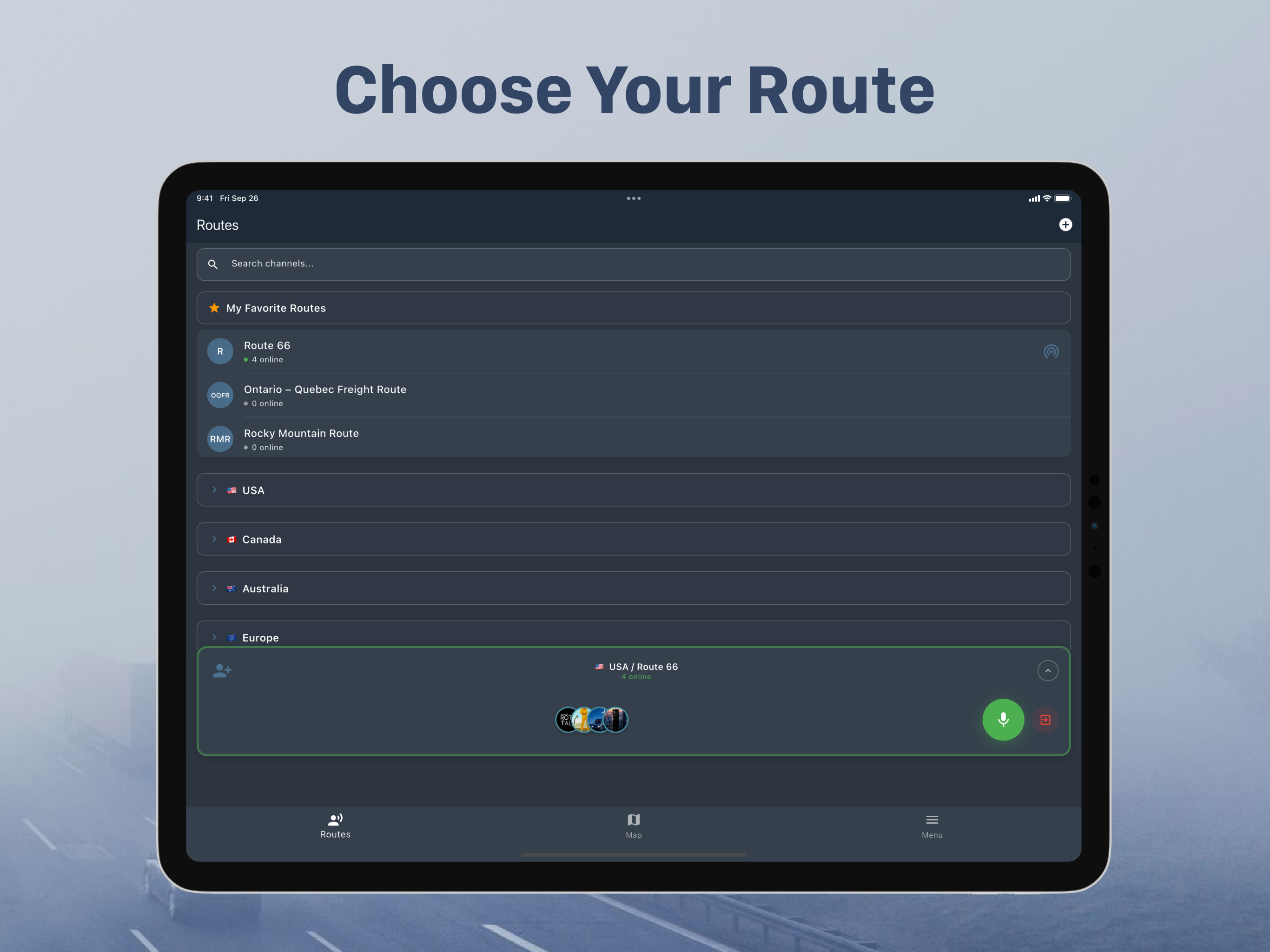 RotaTalk iPad Route Selection Screen