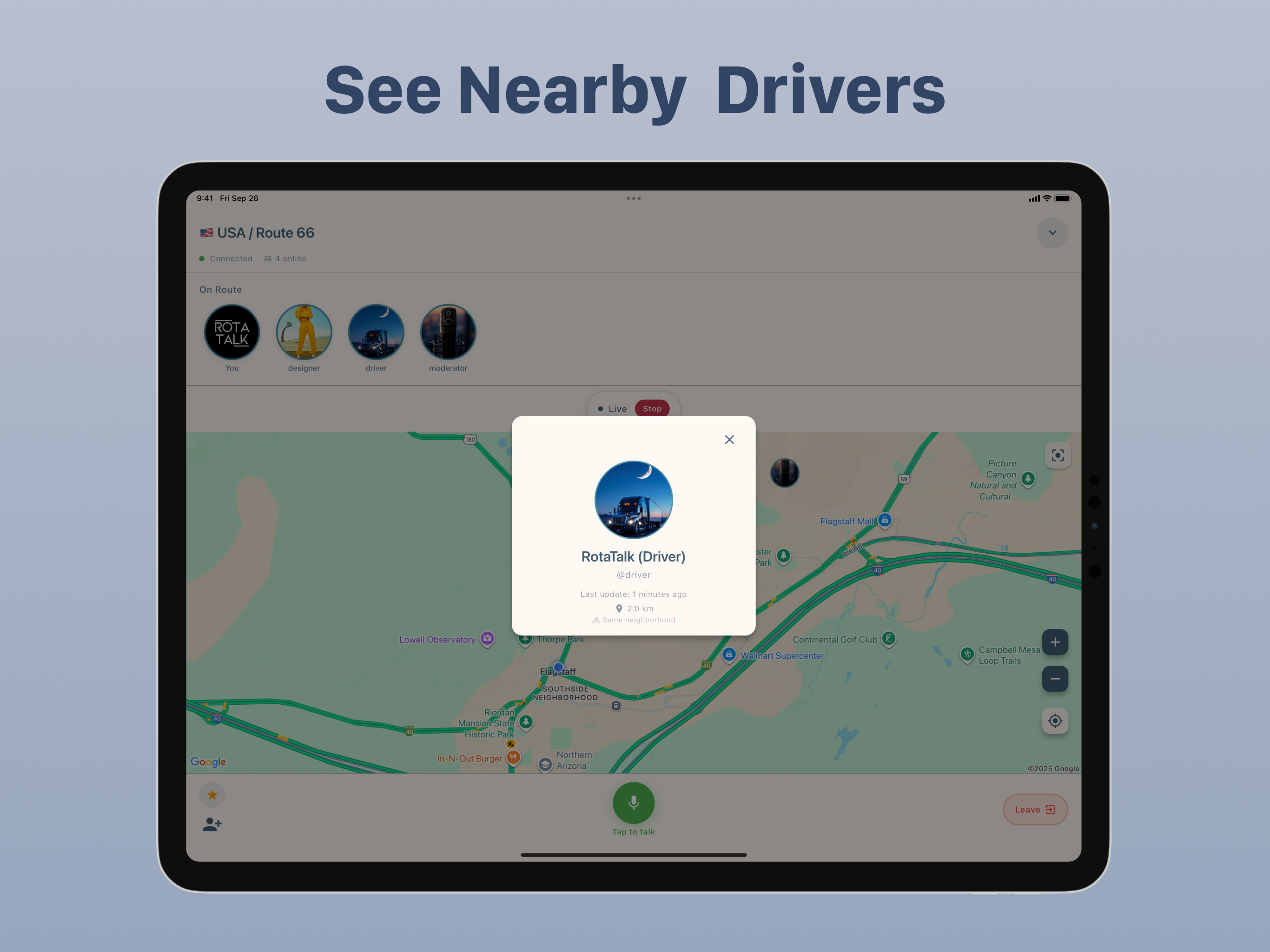 RotaTalk iPad See Nearby Drivers Screen