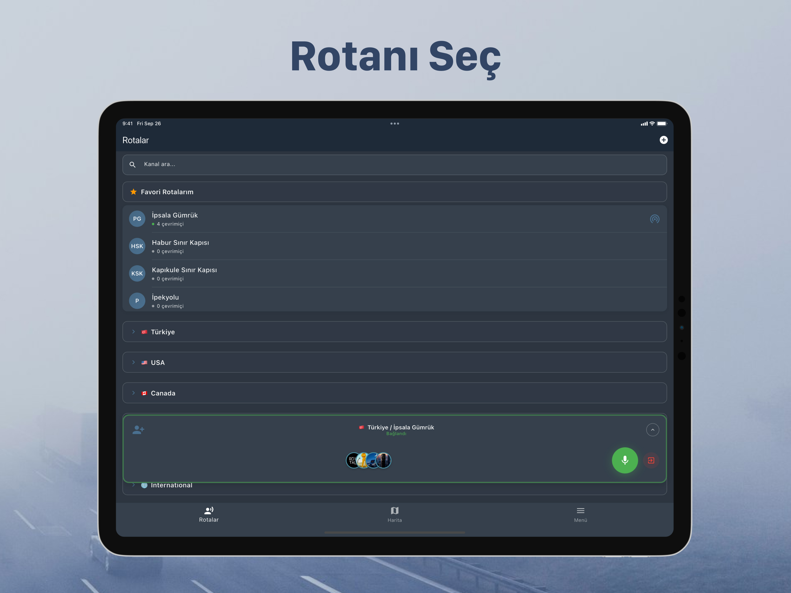 RotaTalk iPad Rota Seçme Ekranı