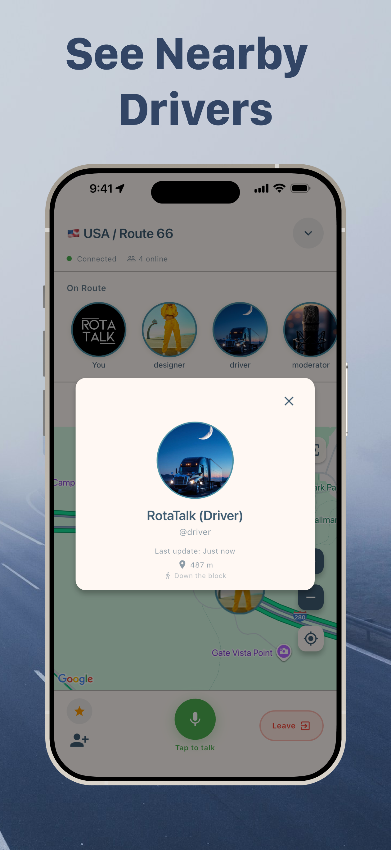 RotaTalk iPhone See Nearby Drivers Screen