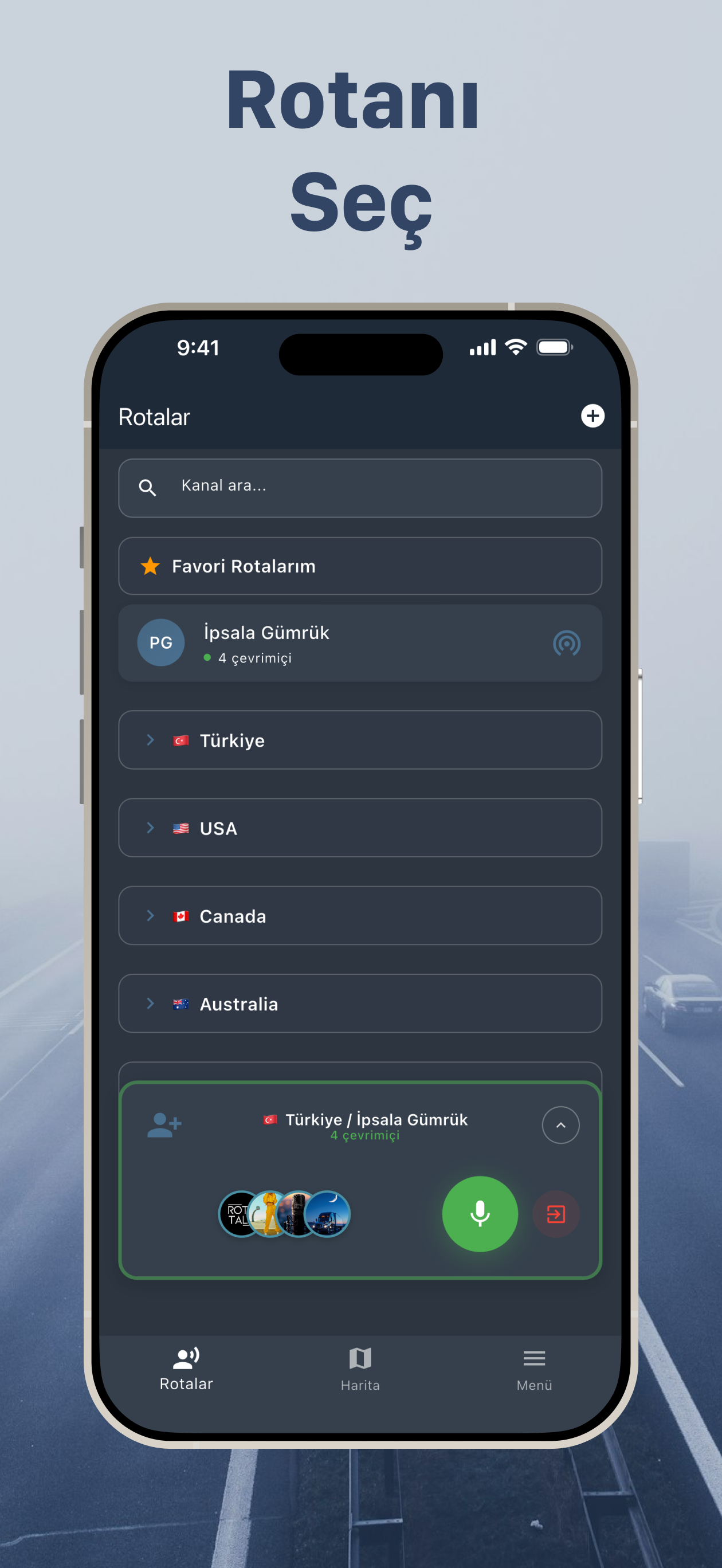 RotaTalk iPhone Rota Seçme Ekranı