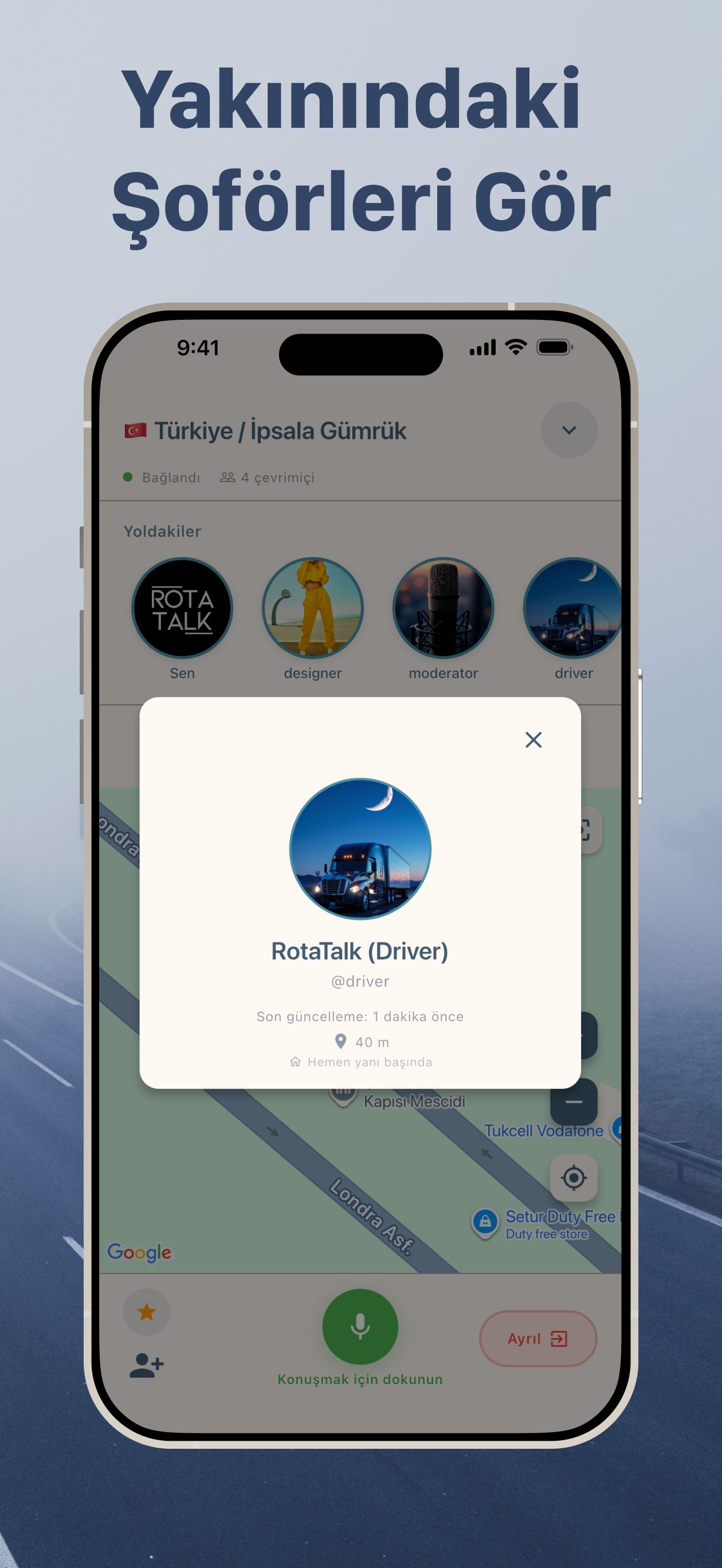 RotaTalk iPhone Yakınındaki Şoförleri Görme Ekranı