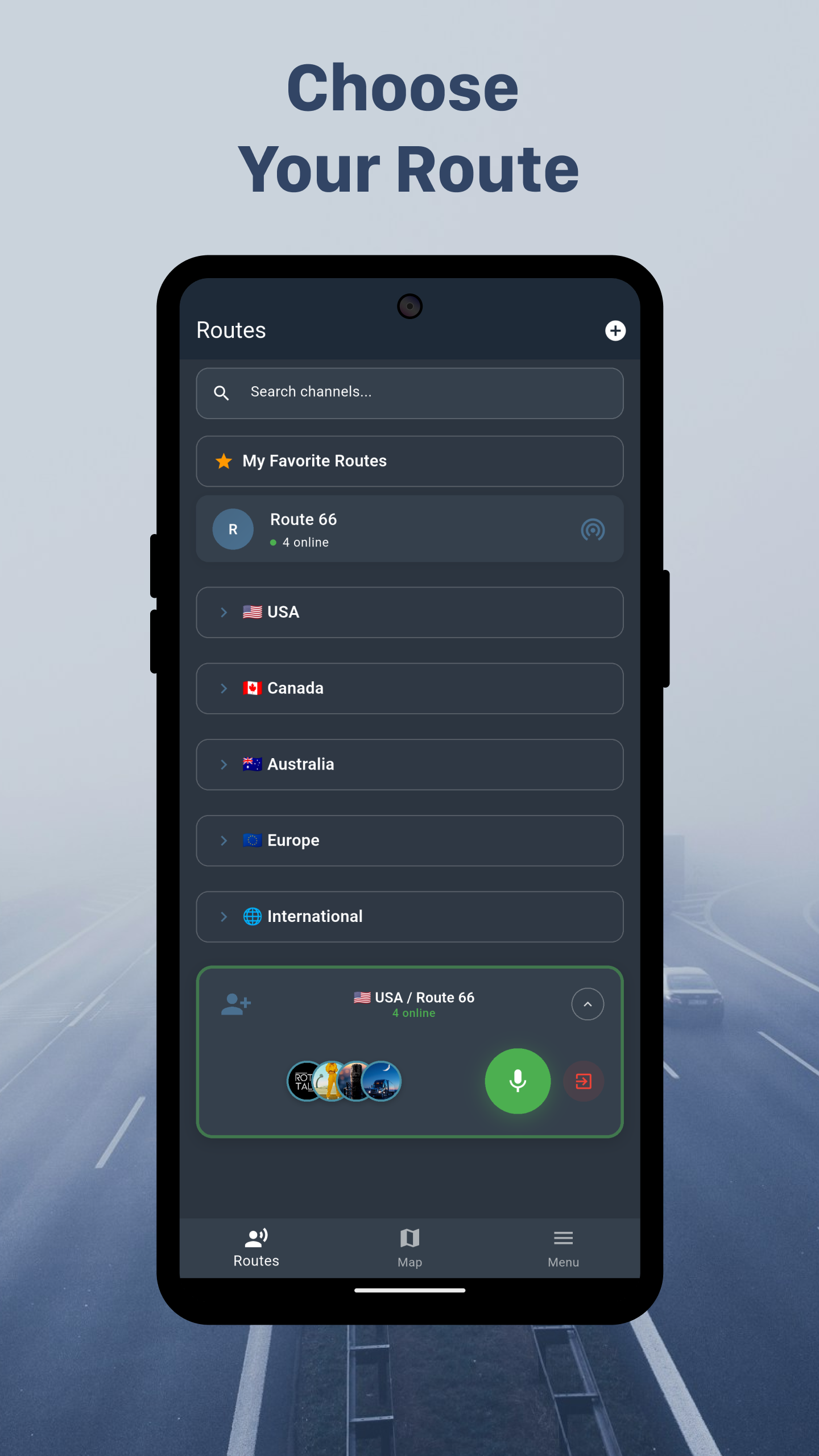 RotaTalk Android Phone Route Selection Screen