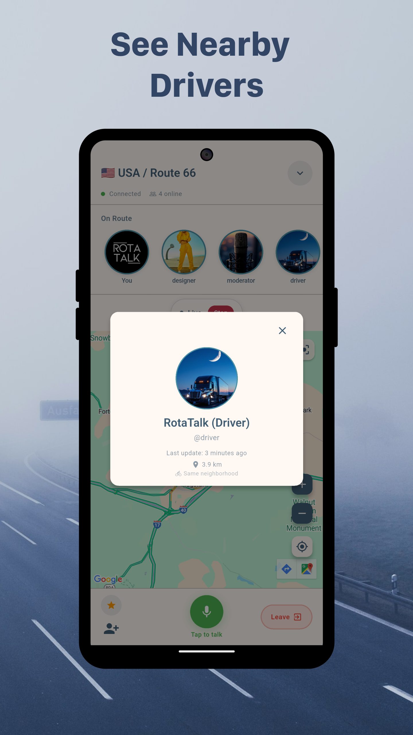 RotaTalk Android Phone See Nearby Drivers Screen