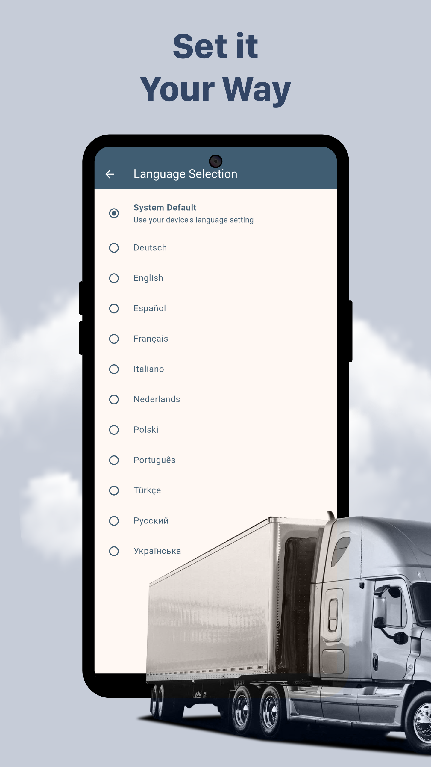 RotaTalk Android Phone Supported Language Screen