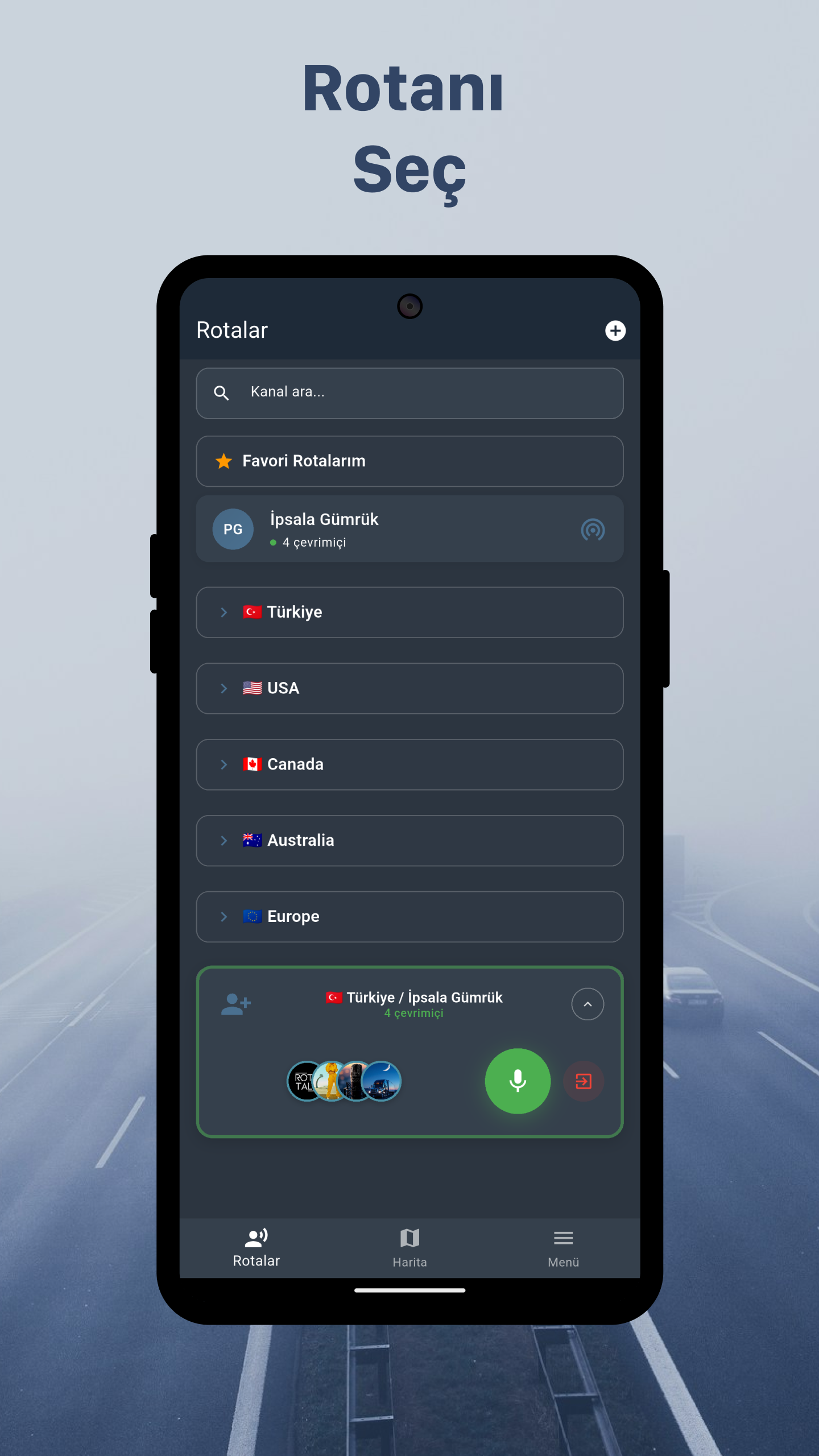 RotaTalk Android Telefon Rota Seçme Ekranı