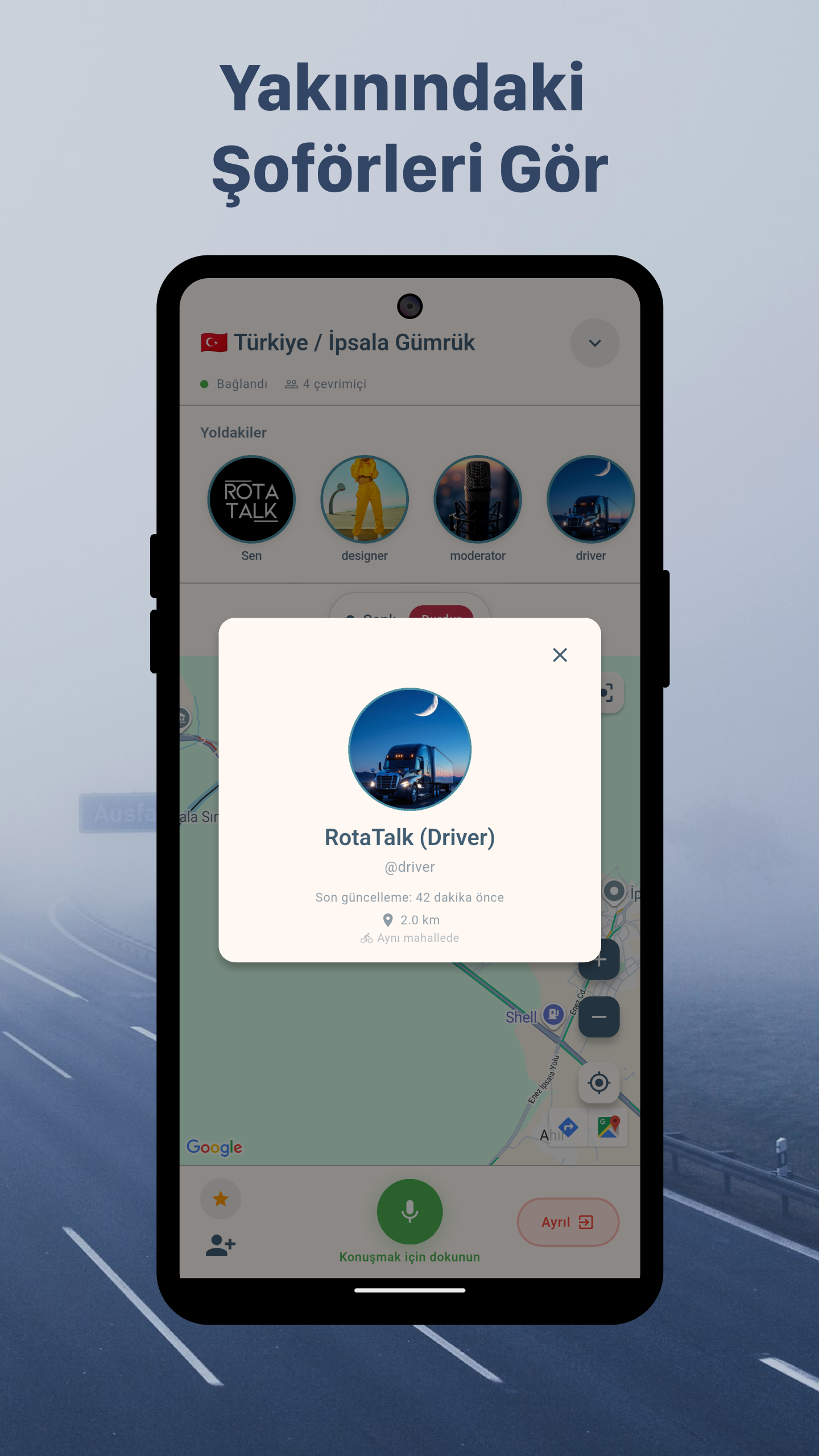 RotaTalk Android Telefon Yakınındaki Şoförleri Görme Ekranı