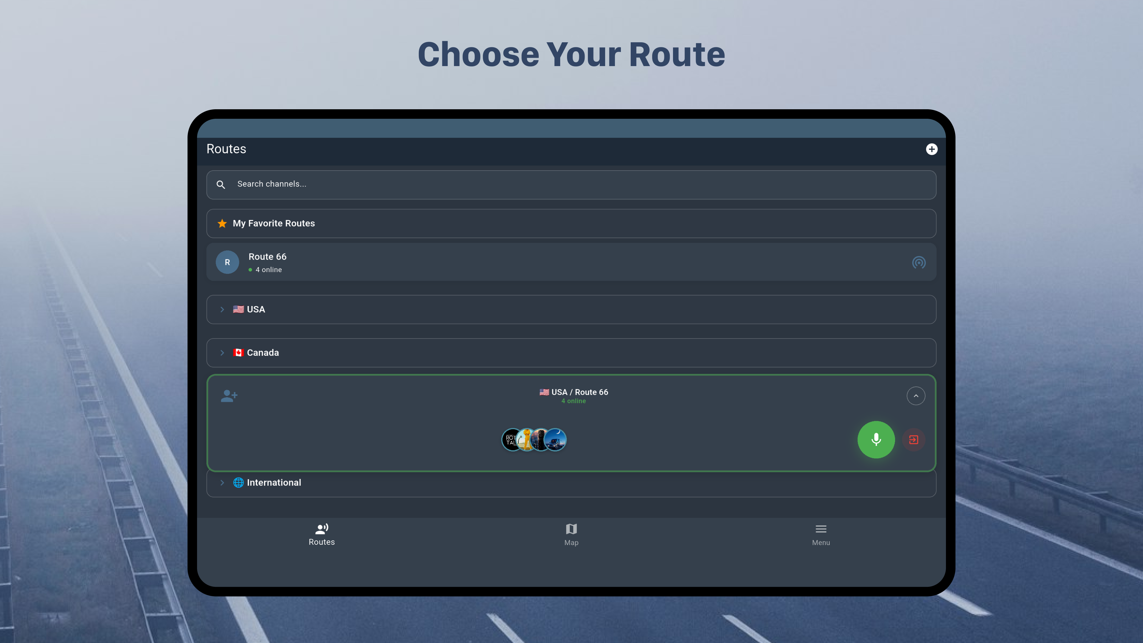 RotaTalk Android 10-inch Tablet Route Selection Screen