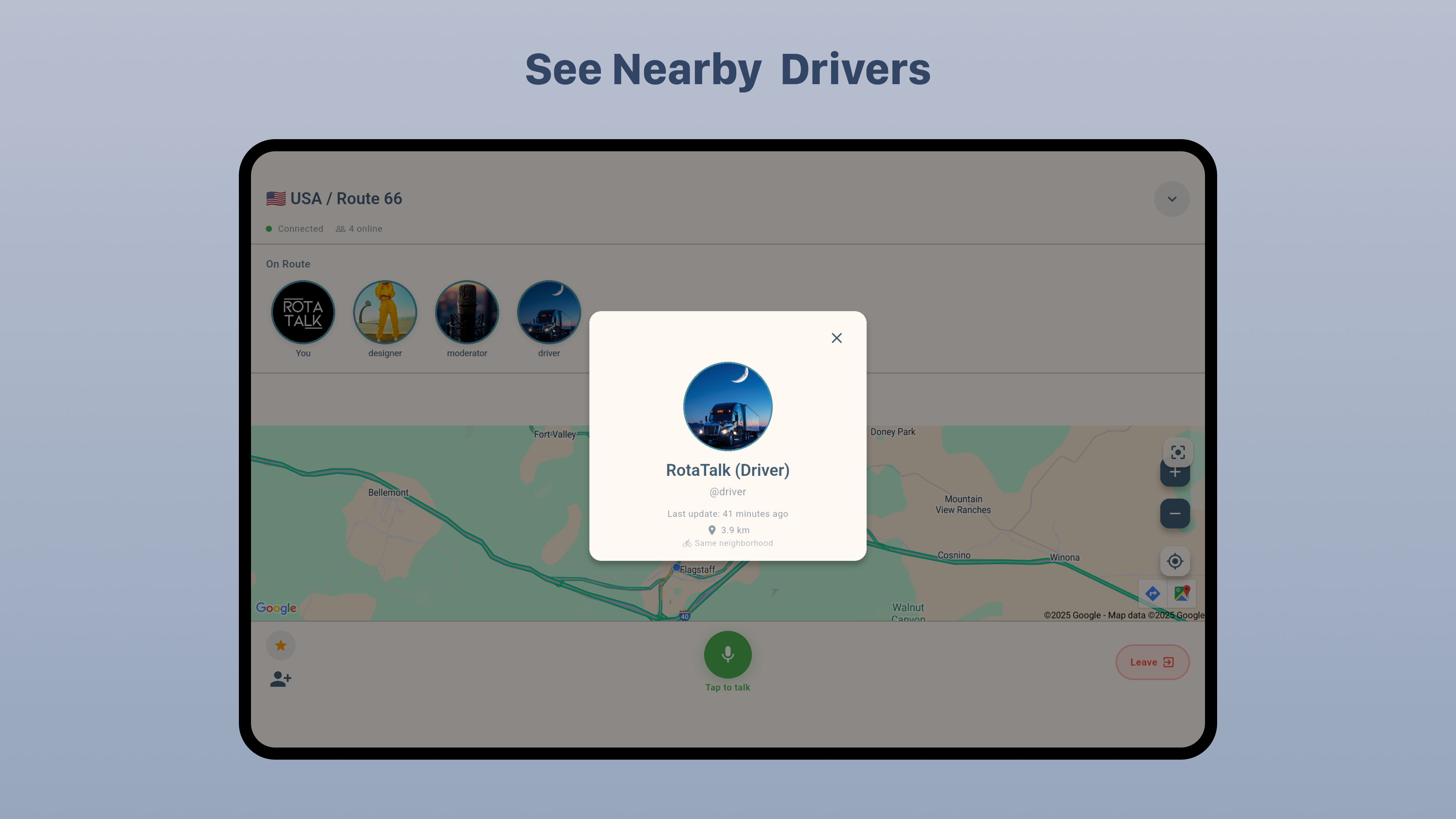 RotaTalk Android 10-inch Tablet See Nearby Drivers Screen