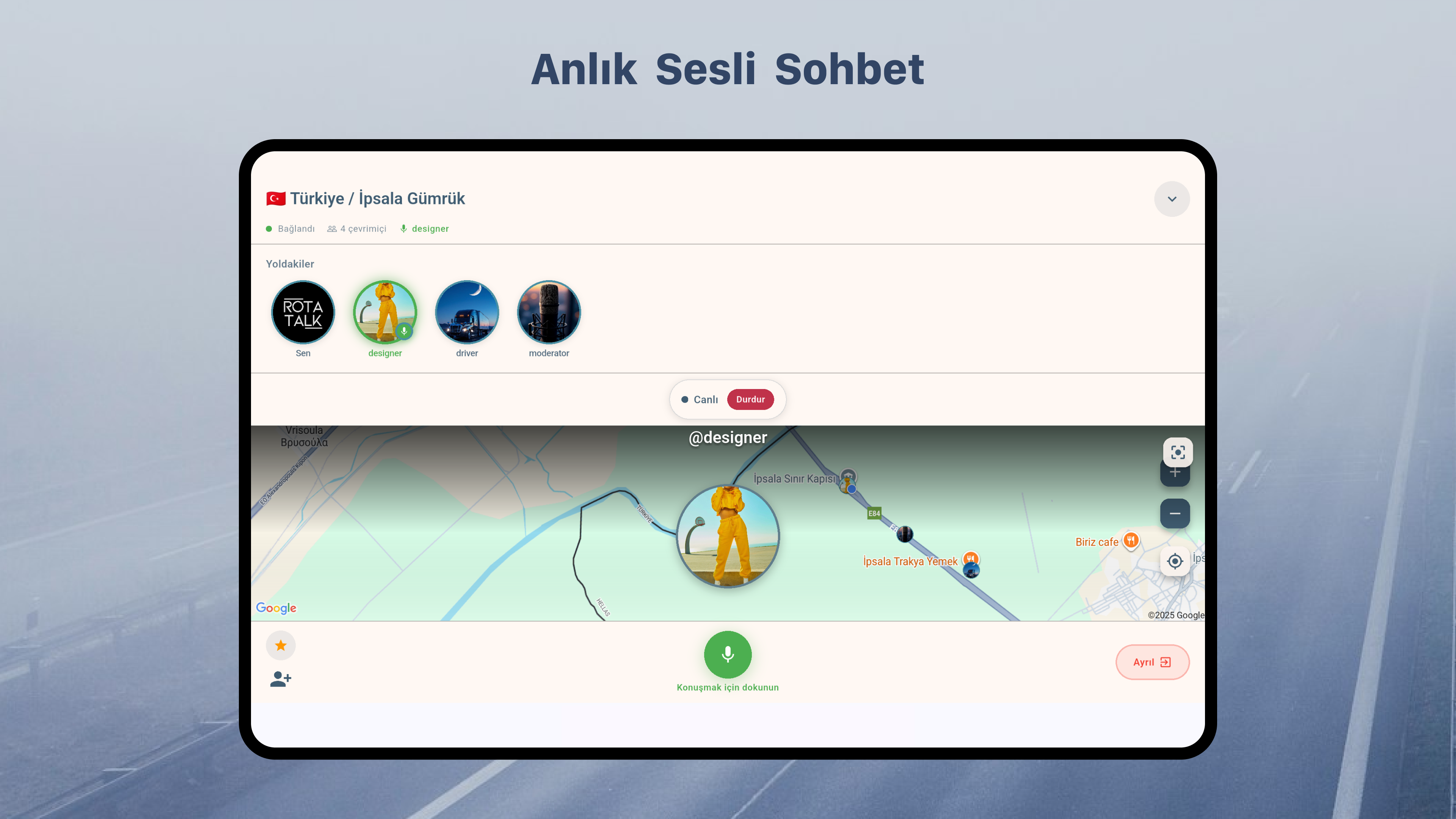 RotaTalk Android 10-inç Tablet Sesli Sohbet Ekranı