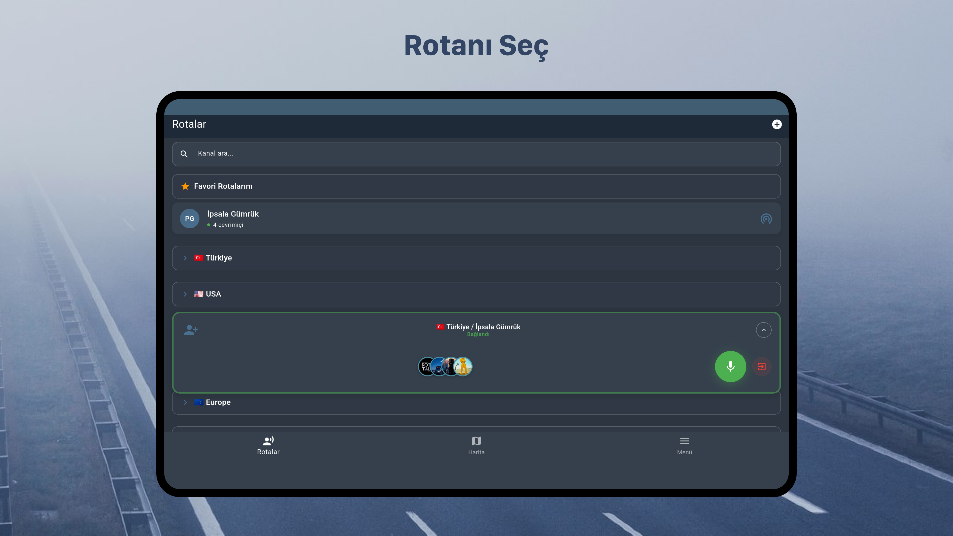 RotaTalk Android 10-inç Tablet Rota Seçme Ekranı