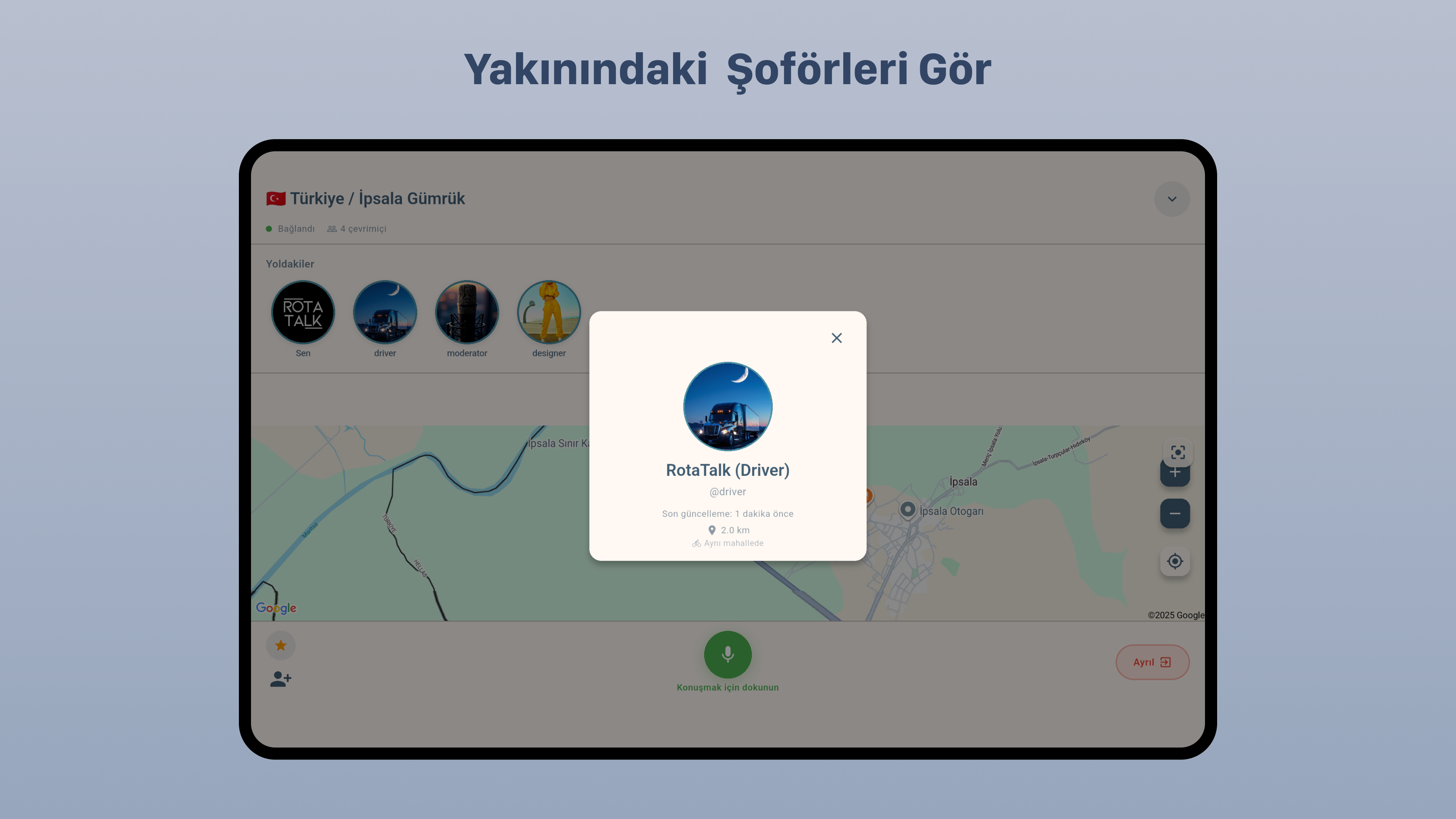 RotaTalk Android 10-inç Tablet Yakınındaki Şoförleri Görme Ekranı