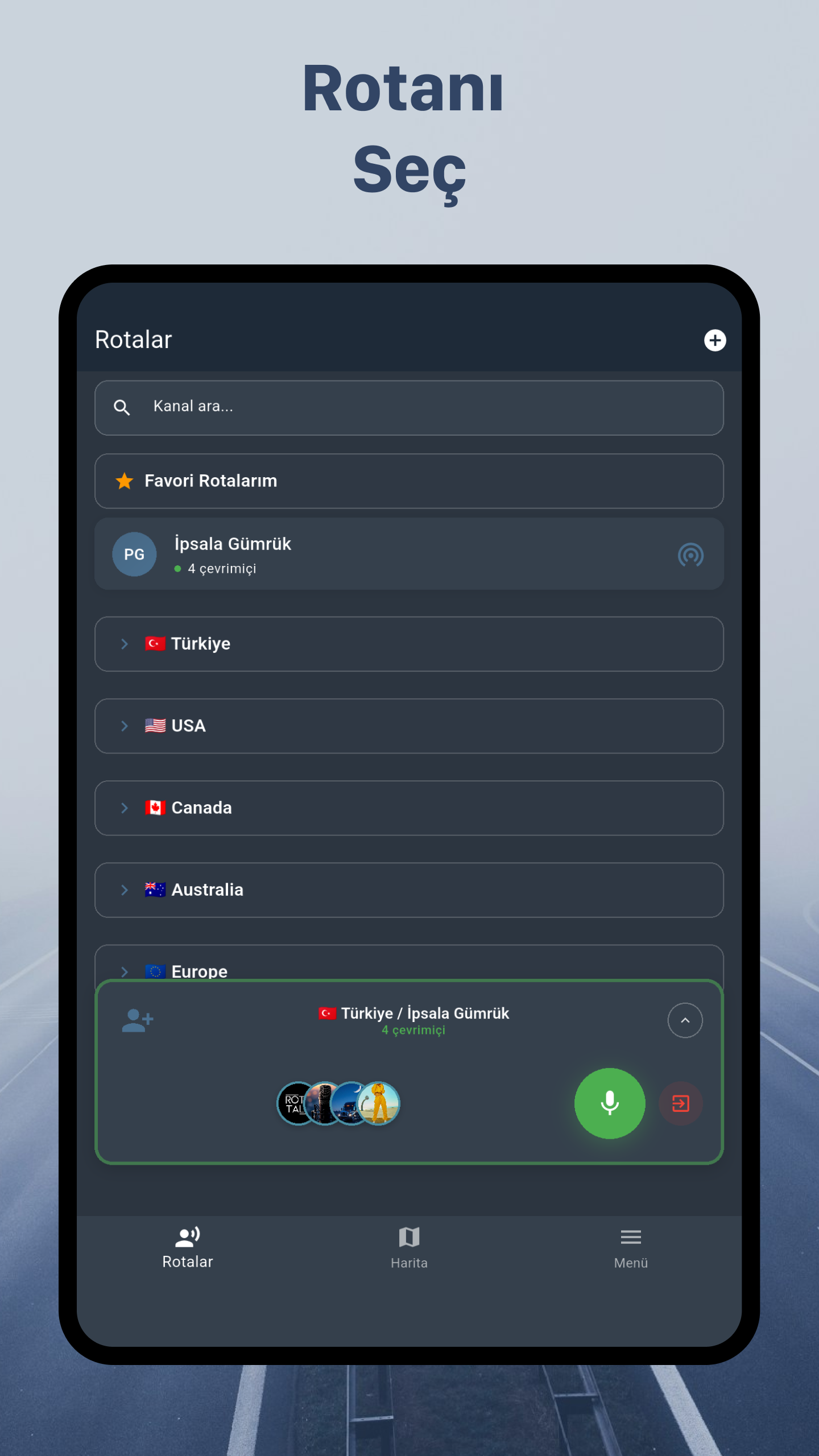 RotaTalk Android 7-inç Tablet Rota Seçme Ekranı